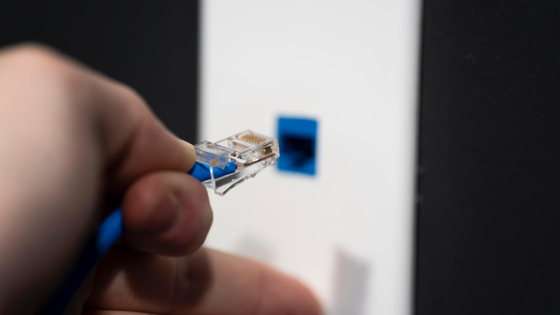 Hand holding a blue cable
