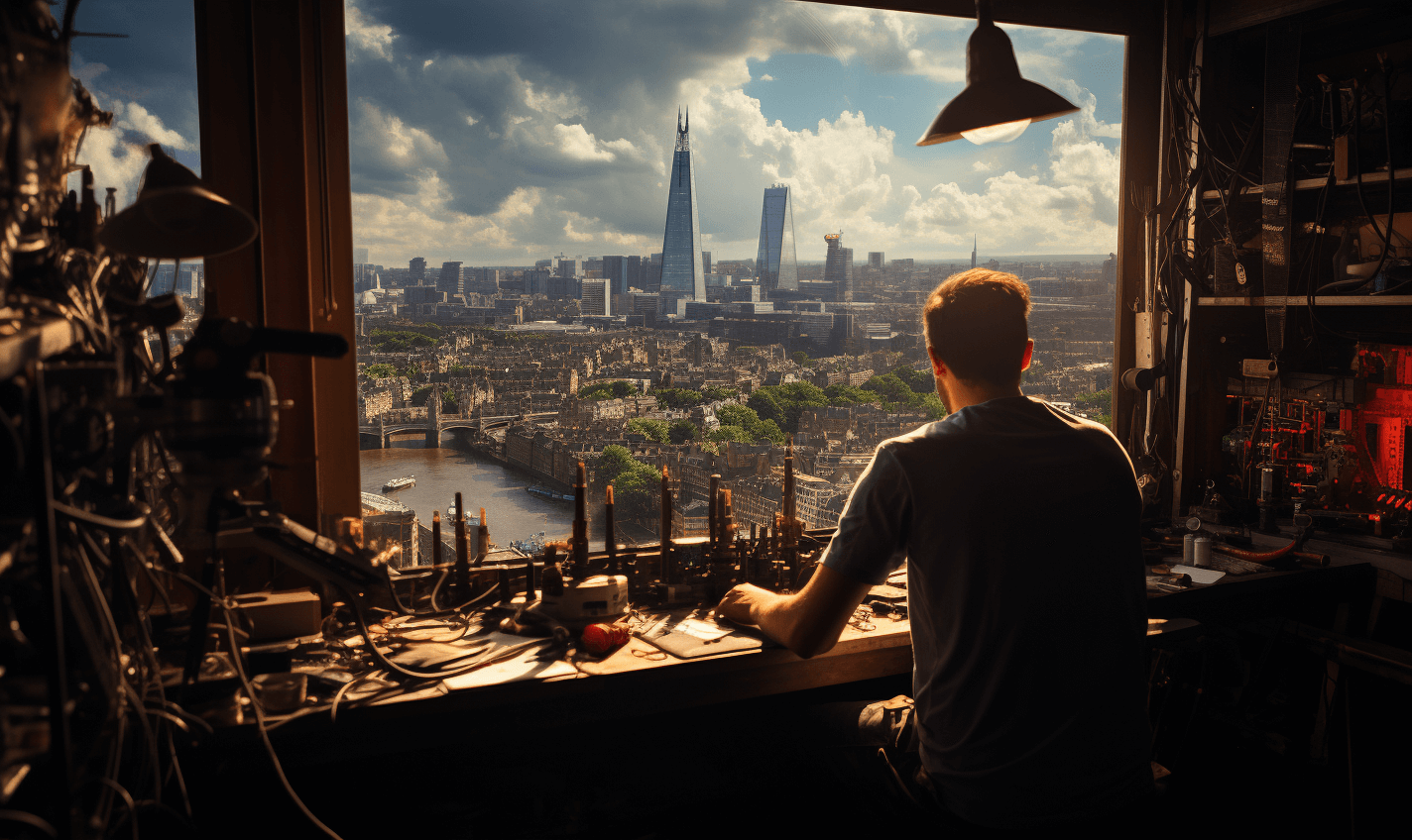 Eletrician working by the windonw with a view to London